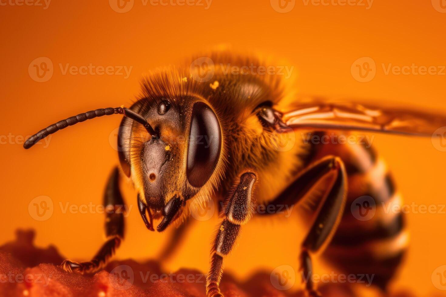 Makro Schuss von ein Biene, schwer beim Arbeit Versammlung Nektar auf beschwingt Gelb blühen. generativ ai foto