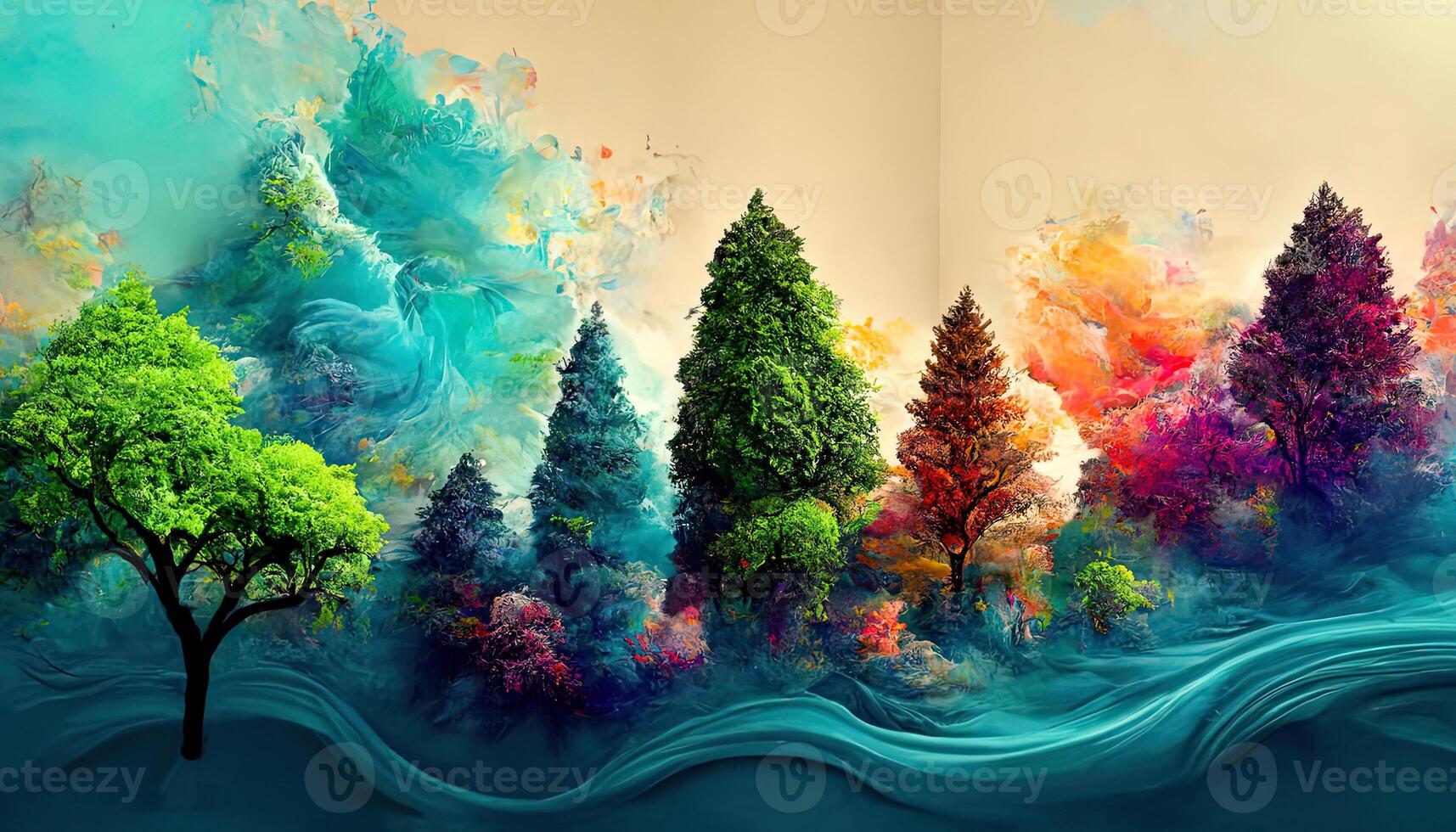 Ausgezeichnet 3d Wandgemälde Hintergrund zum Segeltuch zum Frames Digital Grafik mögen das Eindruck von Zeichnung, bunt Baum Digital Landschaft. generativ ai foto