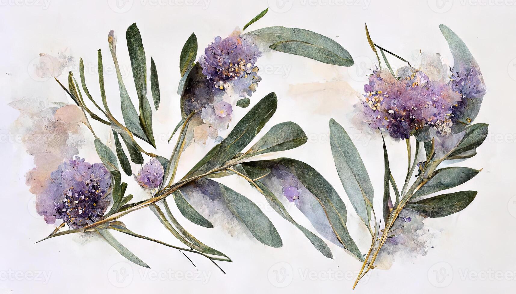 außergewöhnlich Lavendel Blumen und Eukalyptus Geäst isoliert auf Weiss, Blumen- Kranz, Aquarell Illustration. generativ ai foto