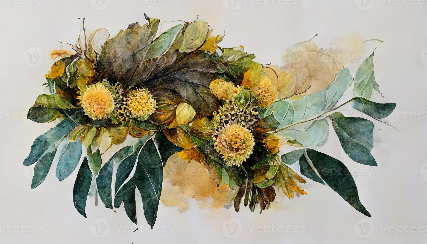 außergewöhnlich Sonnenblume und Eukalyptus Blätter Strauß Aquarell, Digital Illustration Gemälde Kunstwerk. generativ ai foto