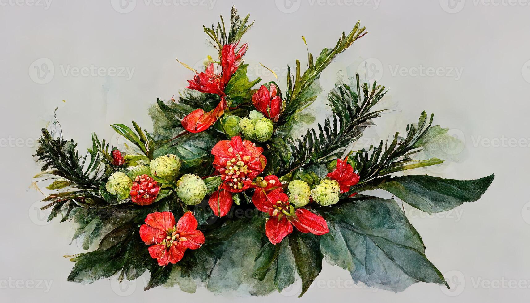 Ausgezeichnet Neu Jahr Anordnung mit Weihnachtsstern Blume, Ilex, Tanne Ast mit Zapfen zum Design. generativ ai foto