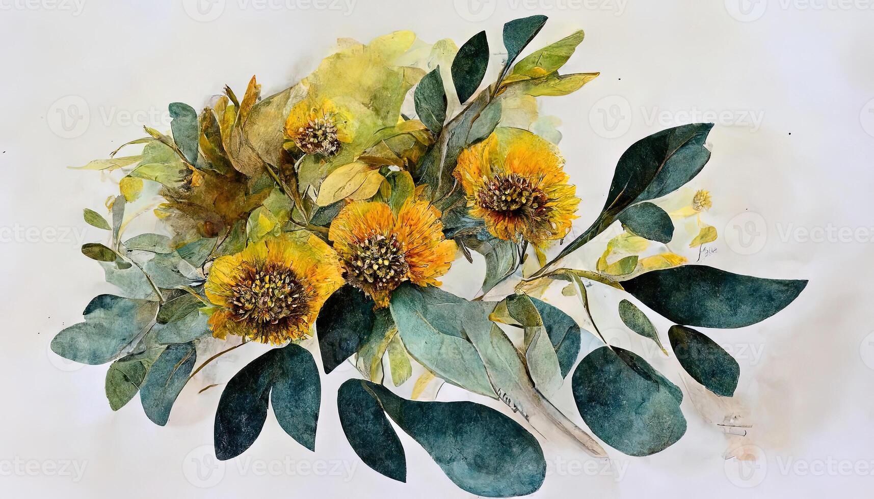 Sonnenblume und Eukalyptus Blätter Strauß, Aquarell Blumen- Illustration, Gelb Blumen. generativ ai foto