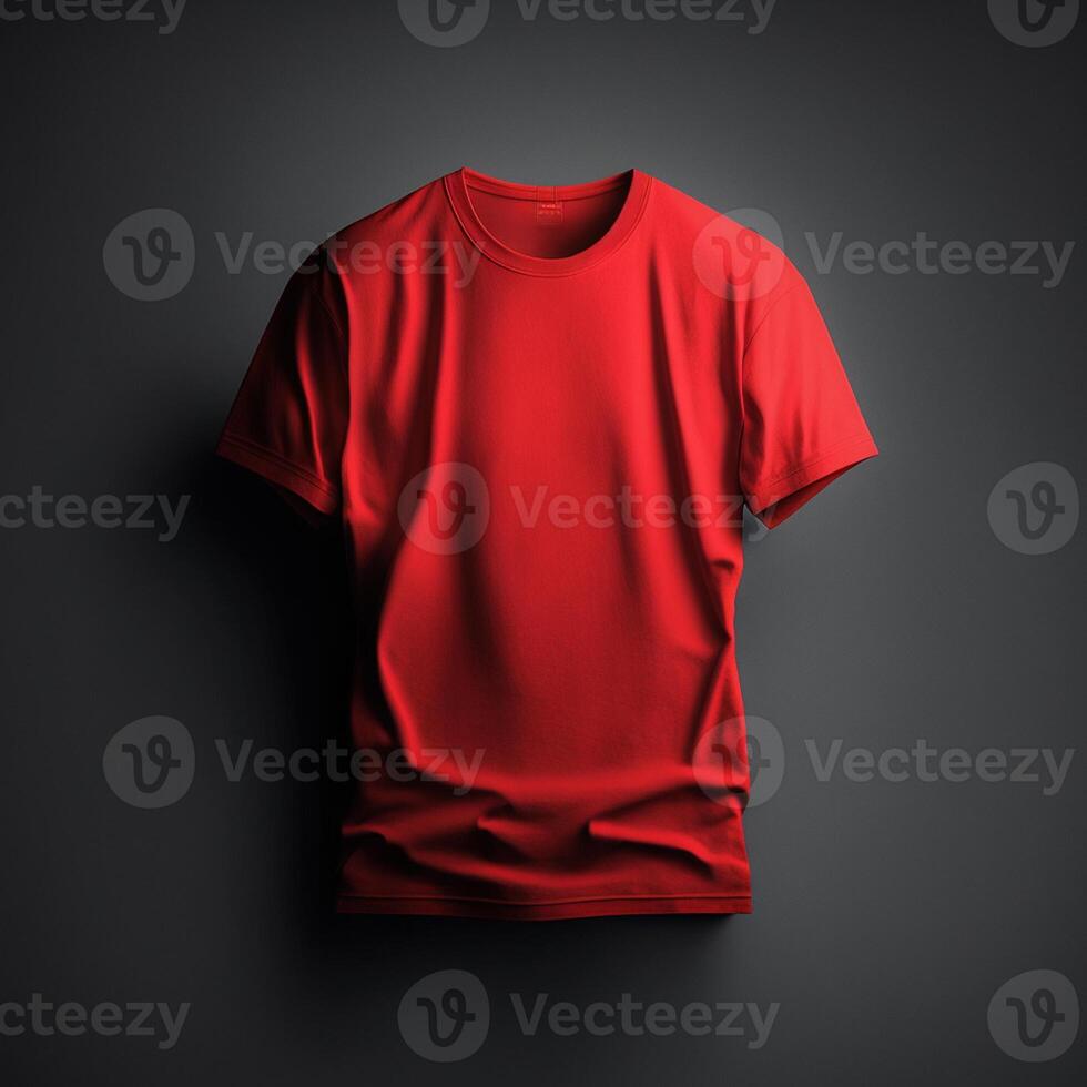leer rot T-Shirt Modell, nah oben Orange T-Shirt auf dunkel Hintergrund ,generativ ai foto