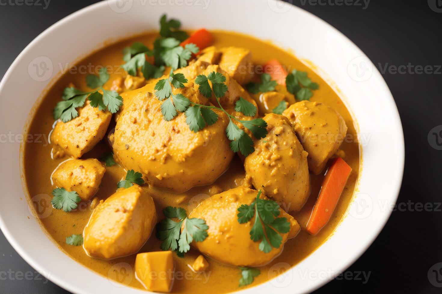 Curry mit Hähnchen und Gemüse im ein Schüssel auf ein hölzern Tisch. Gumbo. Gemüse Suppe. Meeresfrüchte Suppe generativ ai foto