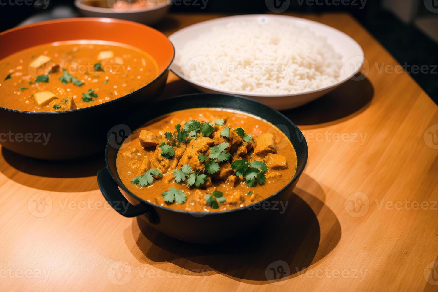 Curry mit Hähnchen und Gemüse im ein Schüssel auf ein hölzern Tisch. Gumbo. Gemüse Suppe. Meeresfrüchte Suppe generativ ai foto