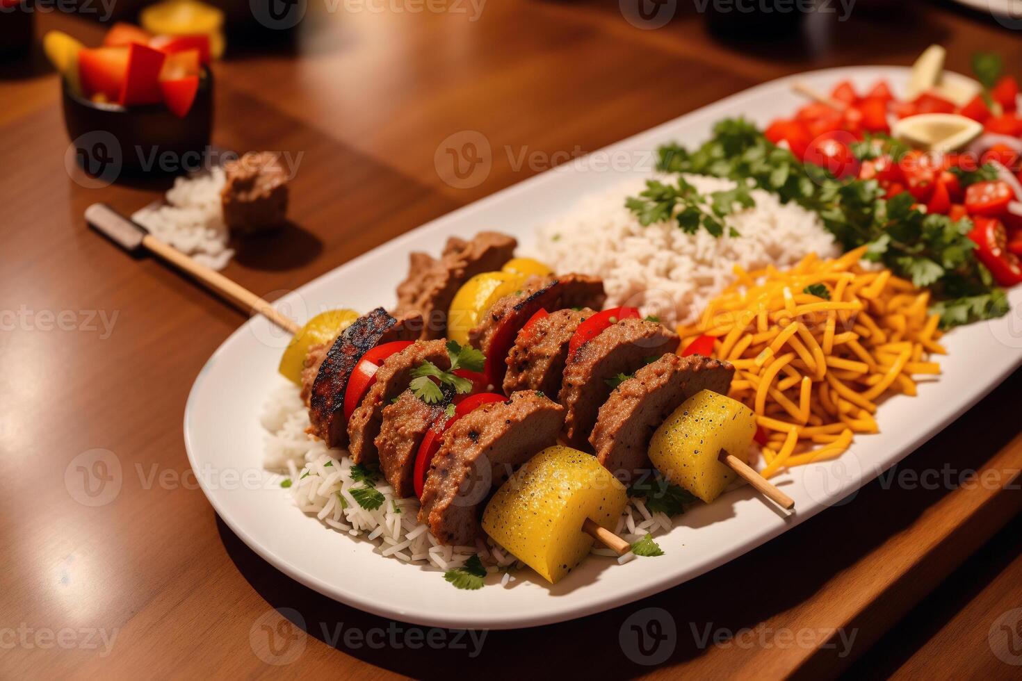 ein Teller mit Döner Kebab auf ein hölzern Tisch. Schaschlik Kebab, Fleisch Stöcke. generativ ai foto