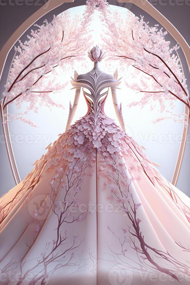 Frau im ein Rosa Kleid Stehen unter ein Baum. generativ ai. foto