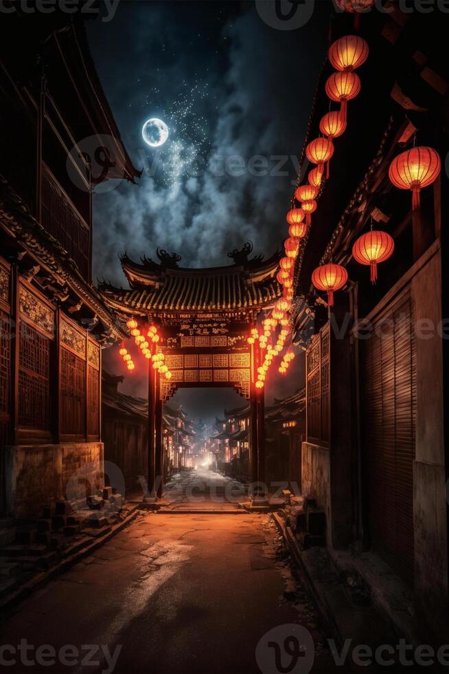 Straße mit Laternen und ein voll Mond im das Himmel. generativ ai. foto