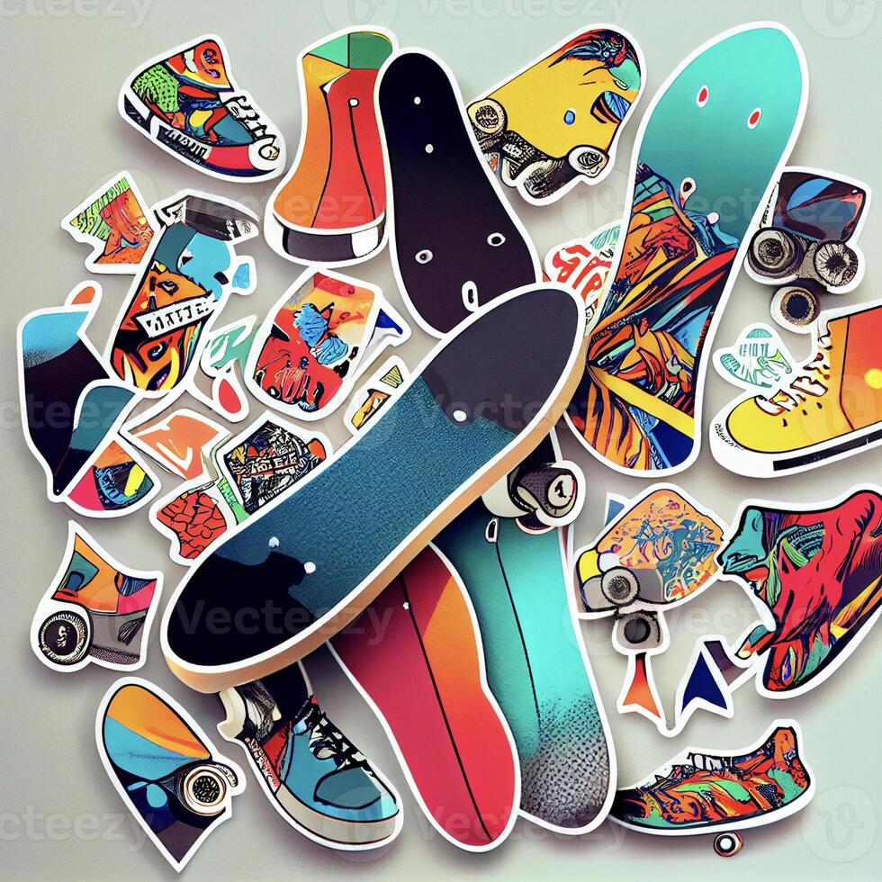 Bündel von Skateboard Aufkleber Verlegung auf oben von jeder andere. generativ ai. foto