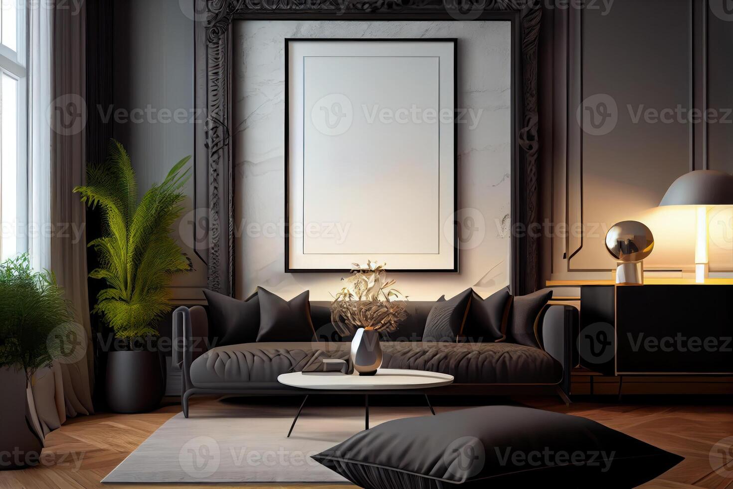 Attrappe, Lehrmodell, Simulation Poster Rahmen auf das Mauer von Leben Zimmer. luxuriös Wohnung Hintergrund mit zeitgenössisch Design. modern Innere Design . ai generiert foto