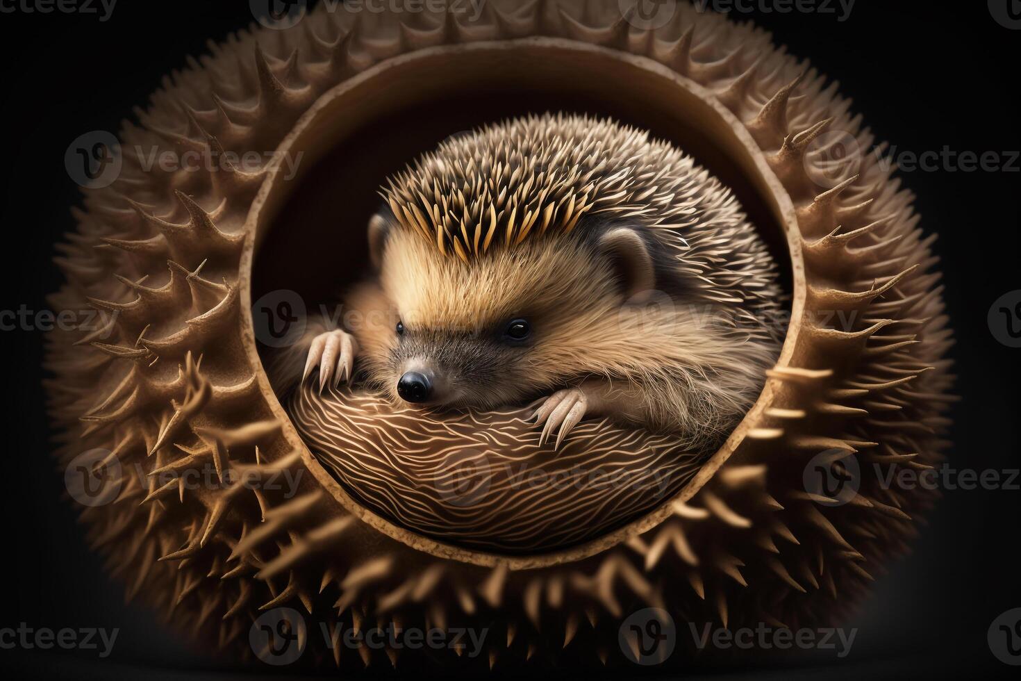 ein winzig Igel zusammengerollt oben im ein Ball, mit es ist Stacheln kleben aus alle um. ai generiert foto