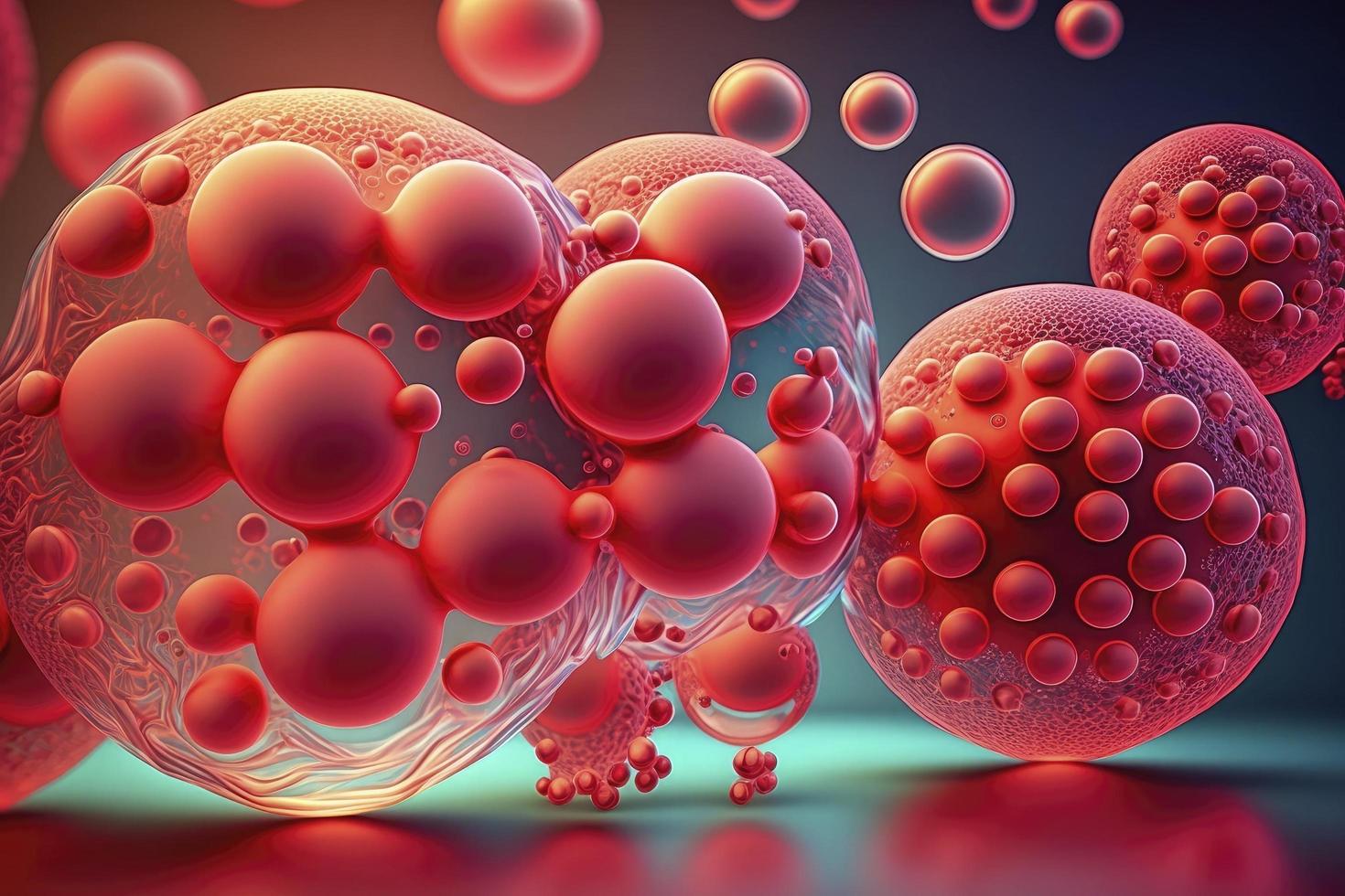 3d Wiedergabe, Zellen ästhetisch Medizin Design von Kollagen und Peptid Kugeln, durchscheinend rot Gelee kleben Bälle, medizinisch abstrakt foto