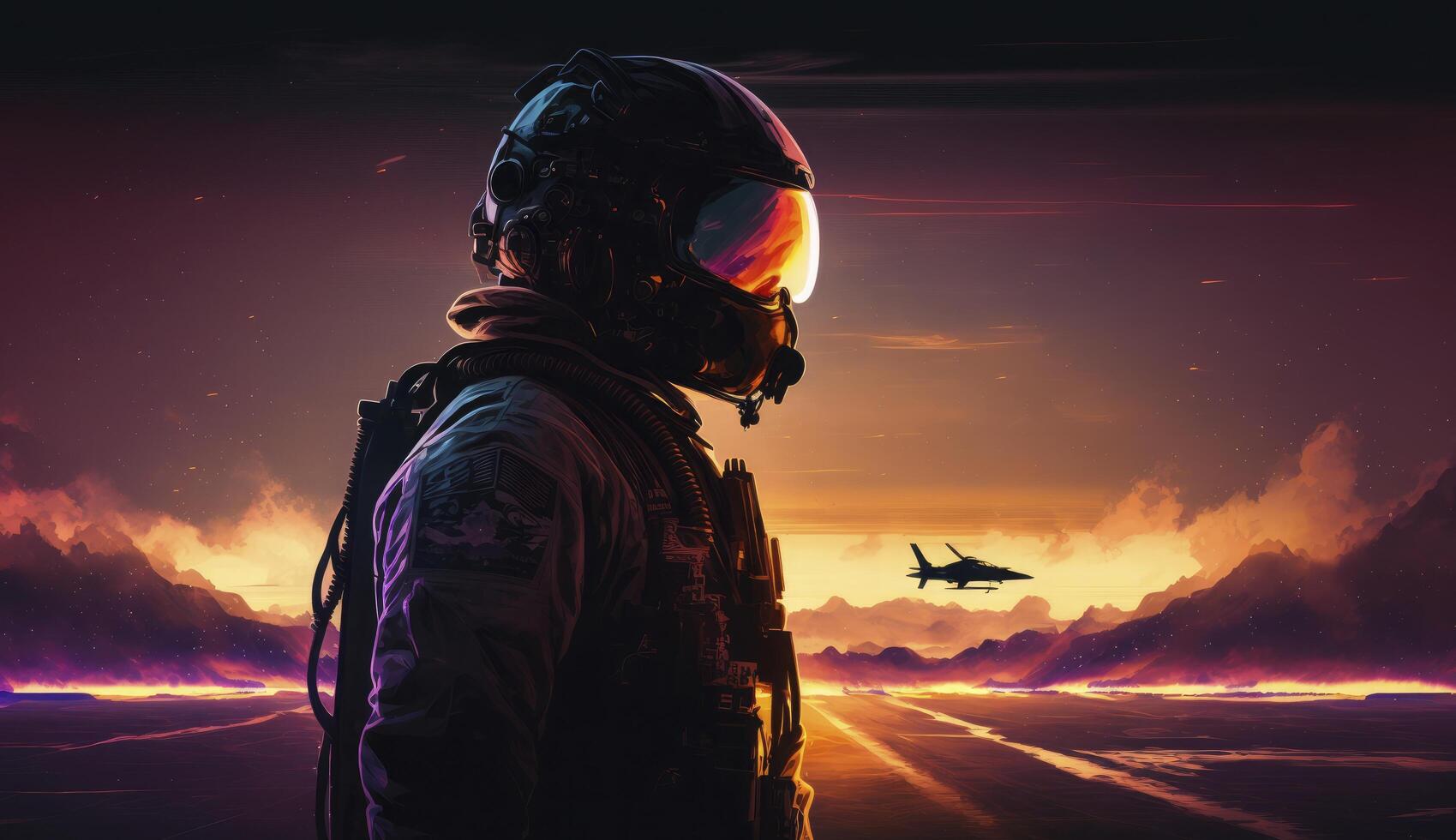 Sonnenuntergang von hinten beleuchtet Aussicht von Militär- Kämpfer Jet Pilot neben geparkt Militär- Luftwaffe Flugzeug Nächster zu Kaserne oder Halle wie breit Banner mit Copyspace - - generativ ai foto