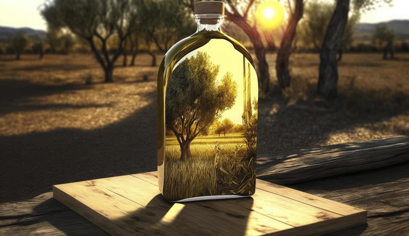 golden Olive Öl Flasche auf hölzern Tabelle Olive Feld im Morgen Sonnenschein mit Copyspace Sind, generieren ai foto