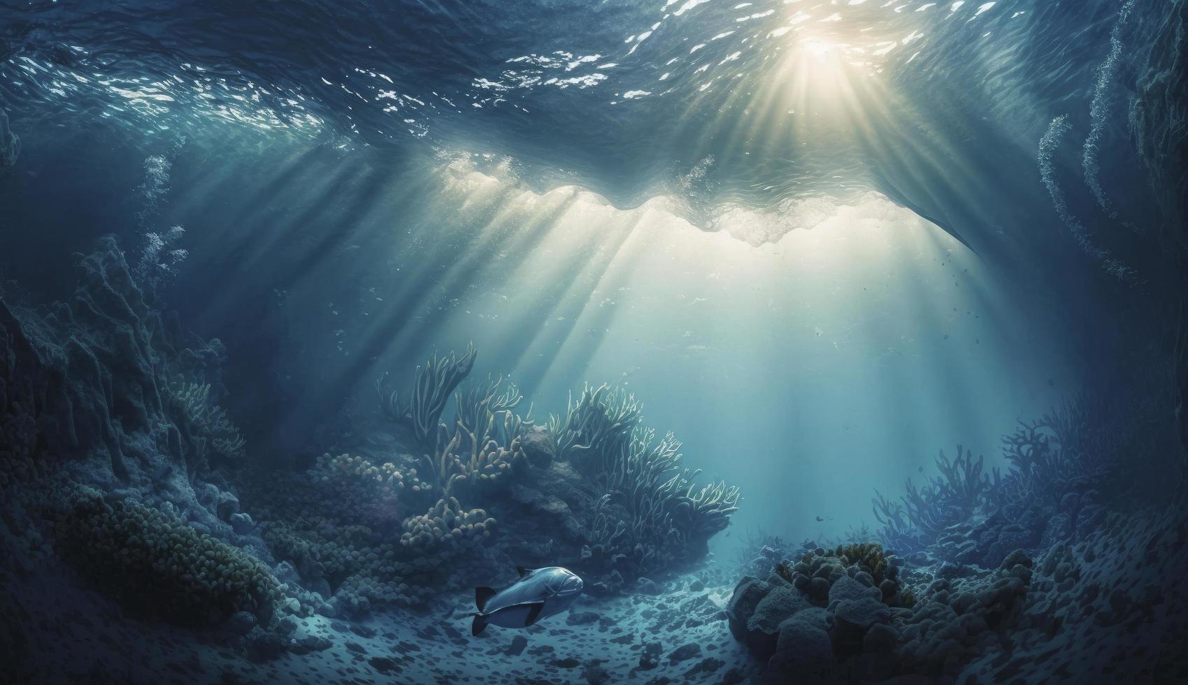 unter Wasser Meer im Blau Sonnenlicht, generieren ai foto