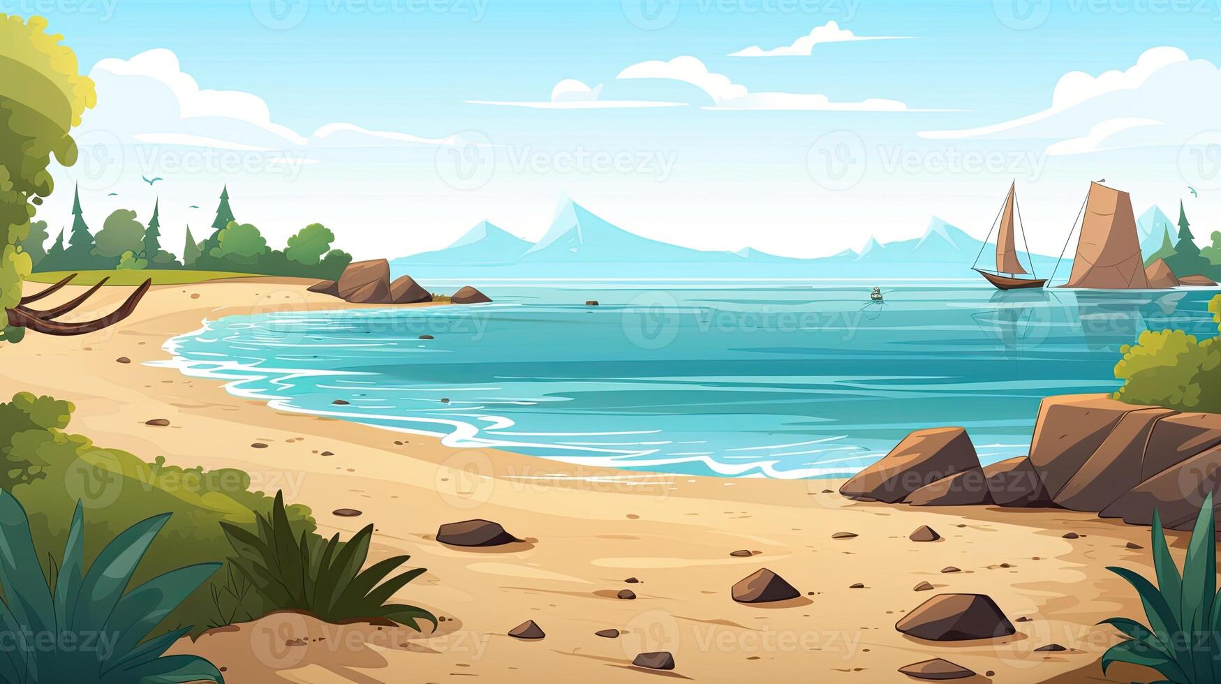 Himmel und Sonne beim Meer Hintergrund, Ozean und Strand Vektor Insel Landschaft leeren Karikatur. Ozean oder Meer Wasser mit Wellen und Wolken im Himmel Sommer- Blau Seelandschaft mit wolkig Himmel und Strand. generativ ai foto