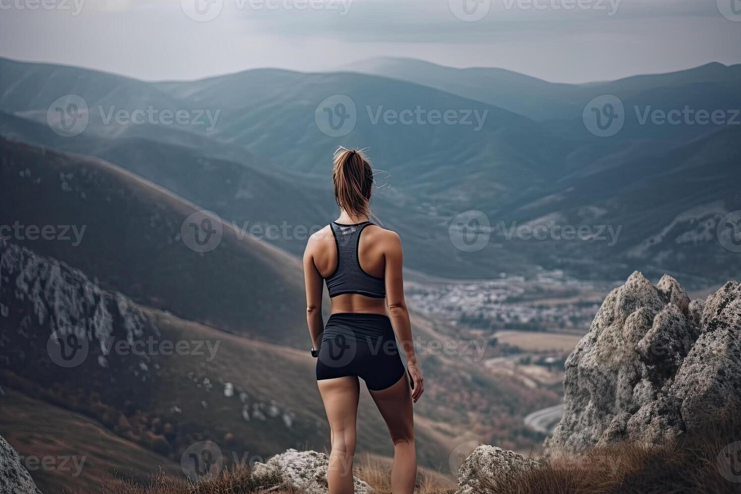 Aussicht von hinter Fitness Mädchen Stehen auf oben von das Berg. Frau im Sportbekleidung Stehen auf das Berg. generativ ai. foto