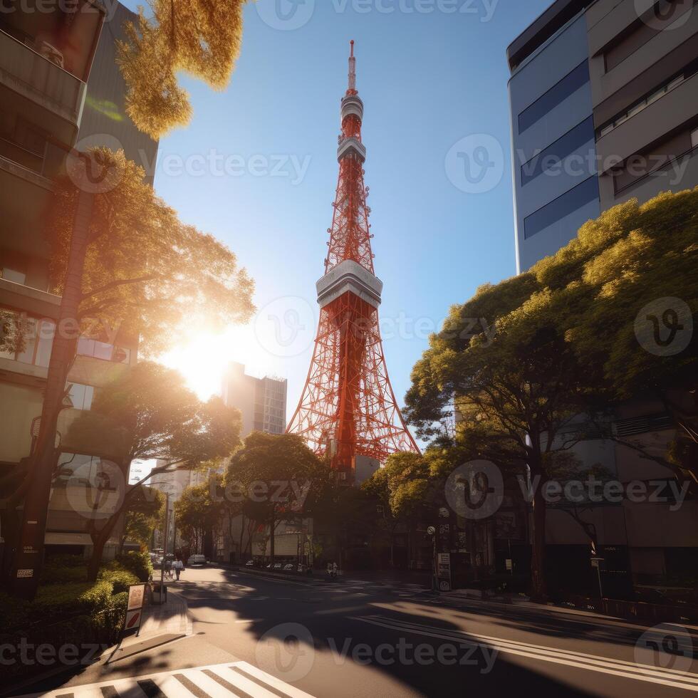 Tokyo Turm im schließen oben Aussicht mit klar Blau Himmel, berühmt Wahrzeichen von Tokio, Japan. generativ ai. foto