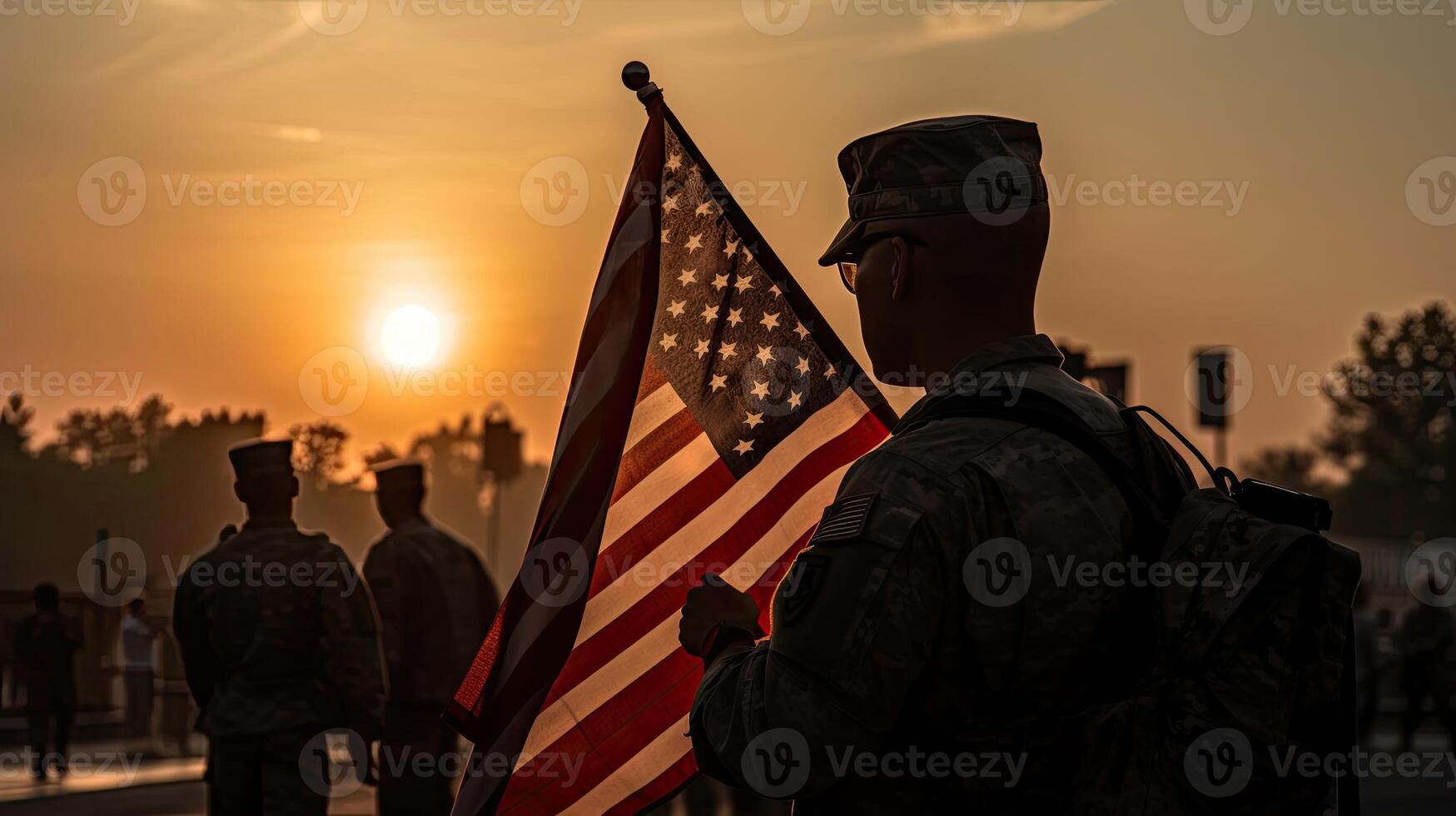 USA Heer Soldat mit Nation Flagge. Gruß Karte zum Veteranen Tag , Denkmal Tag, Unabhängigkeit Tag . Amerika Feier. generativ ai. foto