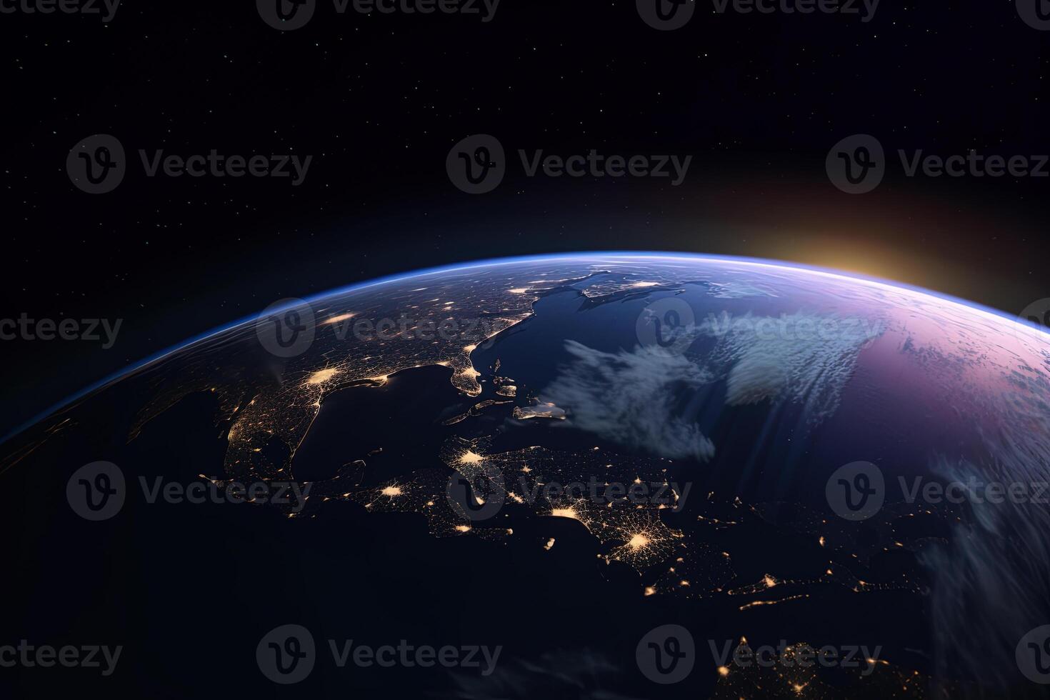 schön tolle Planet Erde mit Nacht Beleuchtung von Megastädte und Städte mit Sterne Raum Sicht. ai generiert foto