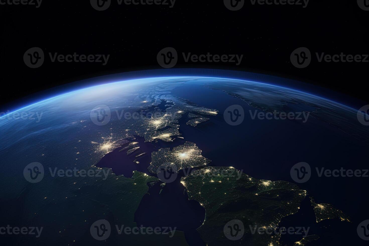 schön tolle Planet Erde mit Nacht Beleuchtung von Megastädte und Städte mit Sterne Raum Sicht. ai generiert foto