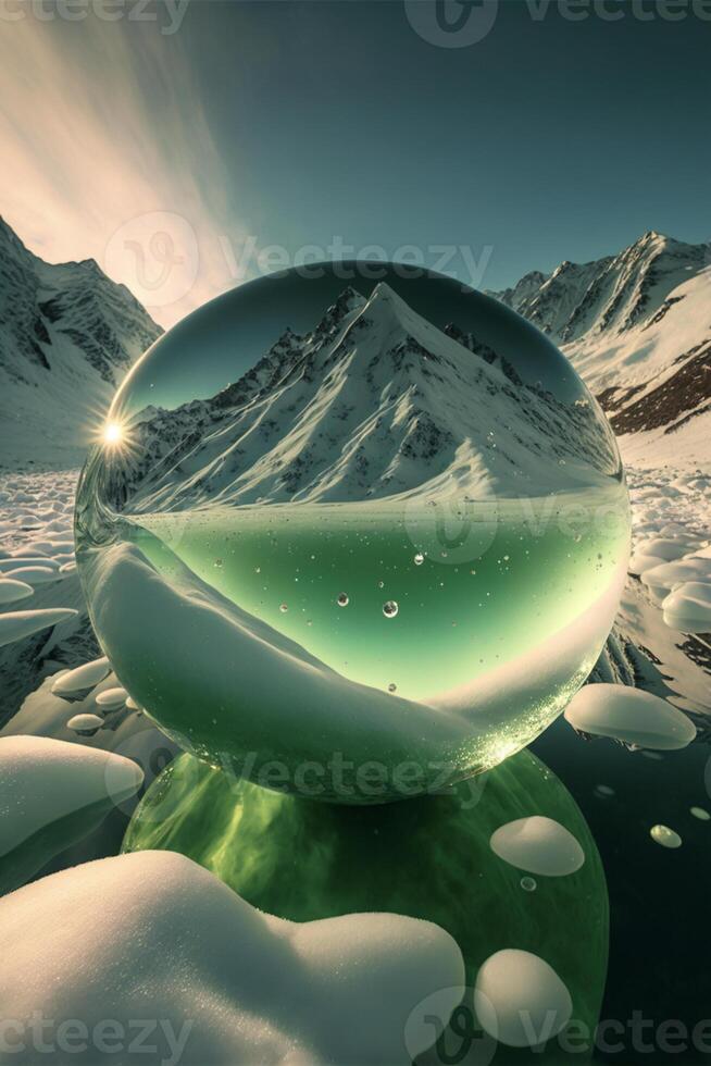 Glas Ball Sitzung auf oben von Schnee bedeckt Boden. generativ ai. foto