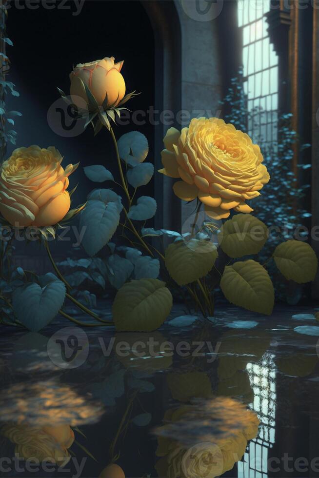 Paar von Gelb Rosen Sitzung auf oben von ein Pfütze von Wasser. generativ ai. foto