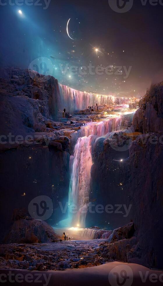 Wasserfall beim Nacht mit das Mond im das Himmel. generativ ai. foto