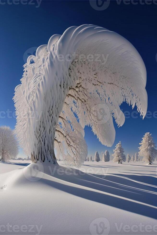 Schnee bedeckt Baum im das Mitte von ein schneebedeckt Feld. generativ ai. foto