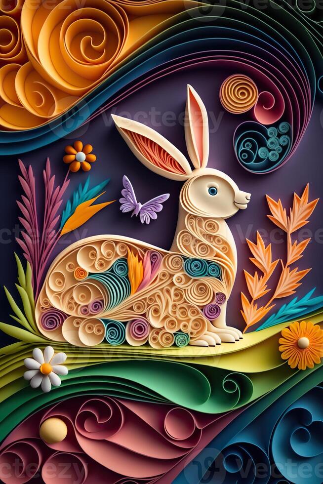 generativ ai Illustration von quilling Papier Kunst, süß Baby Hase wie Ostern Hase Sitzung im Ostern Ei wie Ostern unter Baum, Hintergrund Hintergrund Design im Ostern Urlaub foto