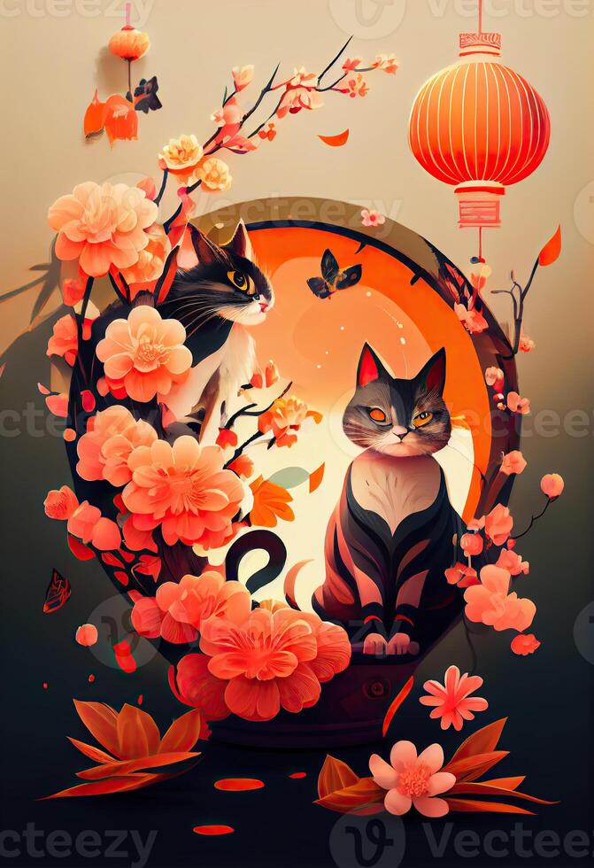 generativ ai Illustration von abstrakt Design Chinesisch Neu Jahr, Katzen, Frühling Farben, süß Tierkreis Kitty Katze mit Laternen und Kirsche Blüten im Hintergrund, Chinesisch Neu Jahr foto