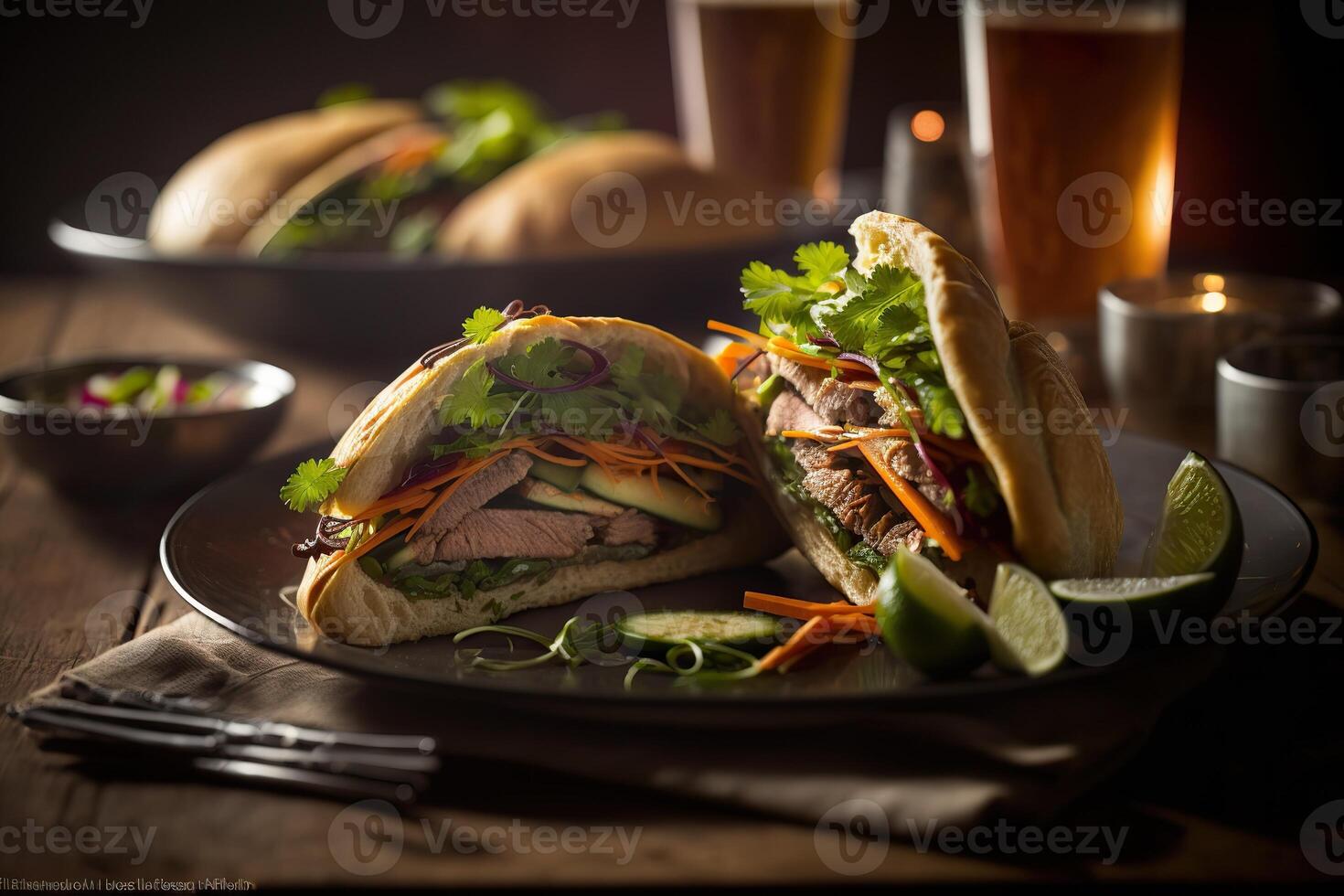 generativ ai Illustration von Fachmann Essen Fotografien von Luxus Banh mi, Vietnamesisch brot, betonen das Lebensmittel kompliziert Einzelheiten und frisch Zutaten foto