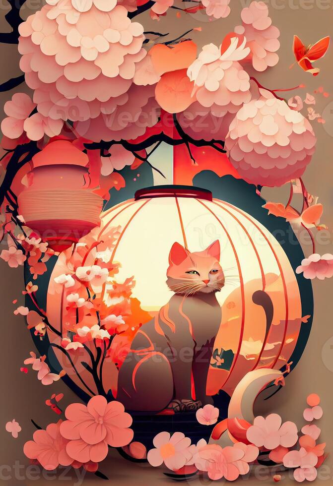 generativ ai Illustration von abstrakt Design Chinesisch Neu Jahr, Katzen, Frühling Farben, süß Tierkreis Kitty Katze mit Laternen und Kirsche Blüten im Hintergrund, Chinesisch Neu Jahr foto