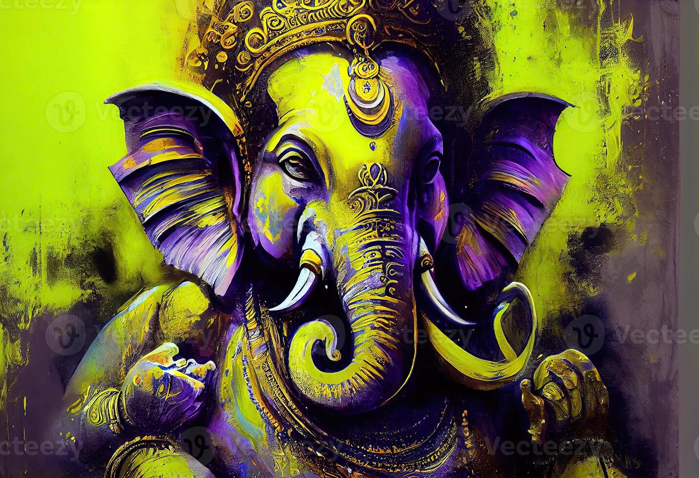 generativ ai Illustration von Ganesha Hindu Gott , mit Blumen, Öl Gemälde genommen oben in Himmel, Sitzung im Vorderseite von Bokeh Mandala Hintergrund foto