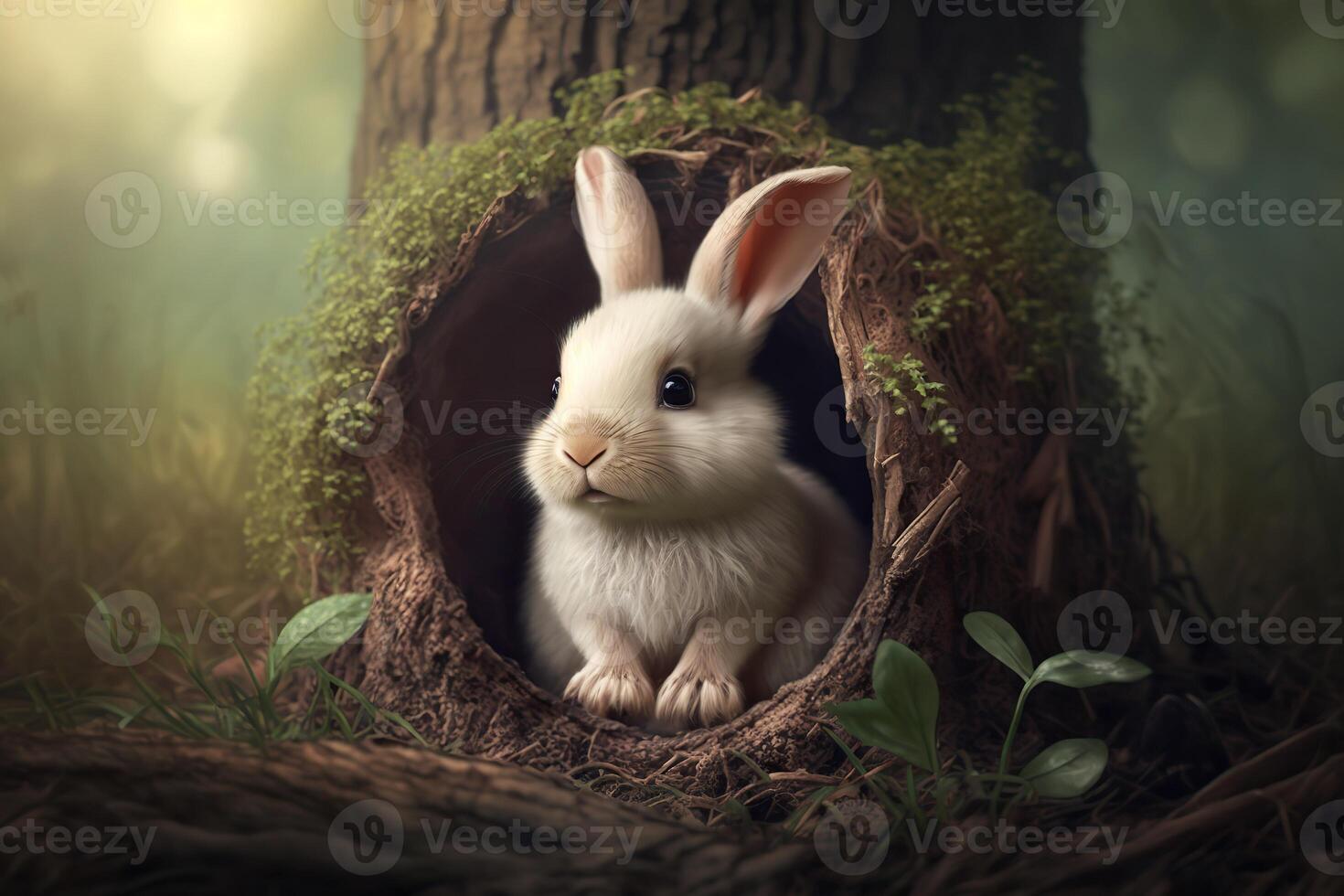 generativ ai Illustration von süß Baby Hase wie Ostern Hase Sitzung im Ostern Ei wie Ostern unter Baum, Hintergrund Hintergrund Design foto