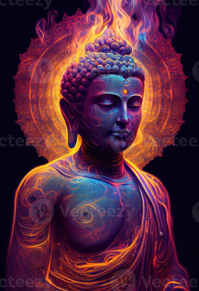 generativ ai Illustration von Buddha, Aura von Energie, surreal Fantasie, Licht blinken, schön Licht Spektrum, hell Weiß Lotus Blume, Verbrennung wolkenartig Blütenblätter, Meerwasser. foto