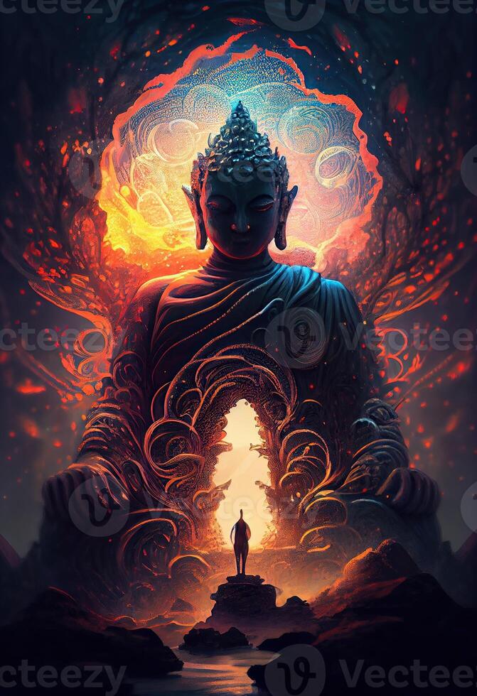 generativ ai Illustration von Buddha, Aura von Energie, surreal Fantasie, Licht blinken, schön Licht Spektrum, hell Weiß Lotus Blume, Verbrennung wolkenartig Blütenblätter, Meerwasser. foto