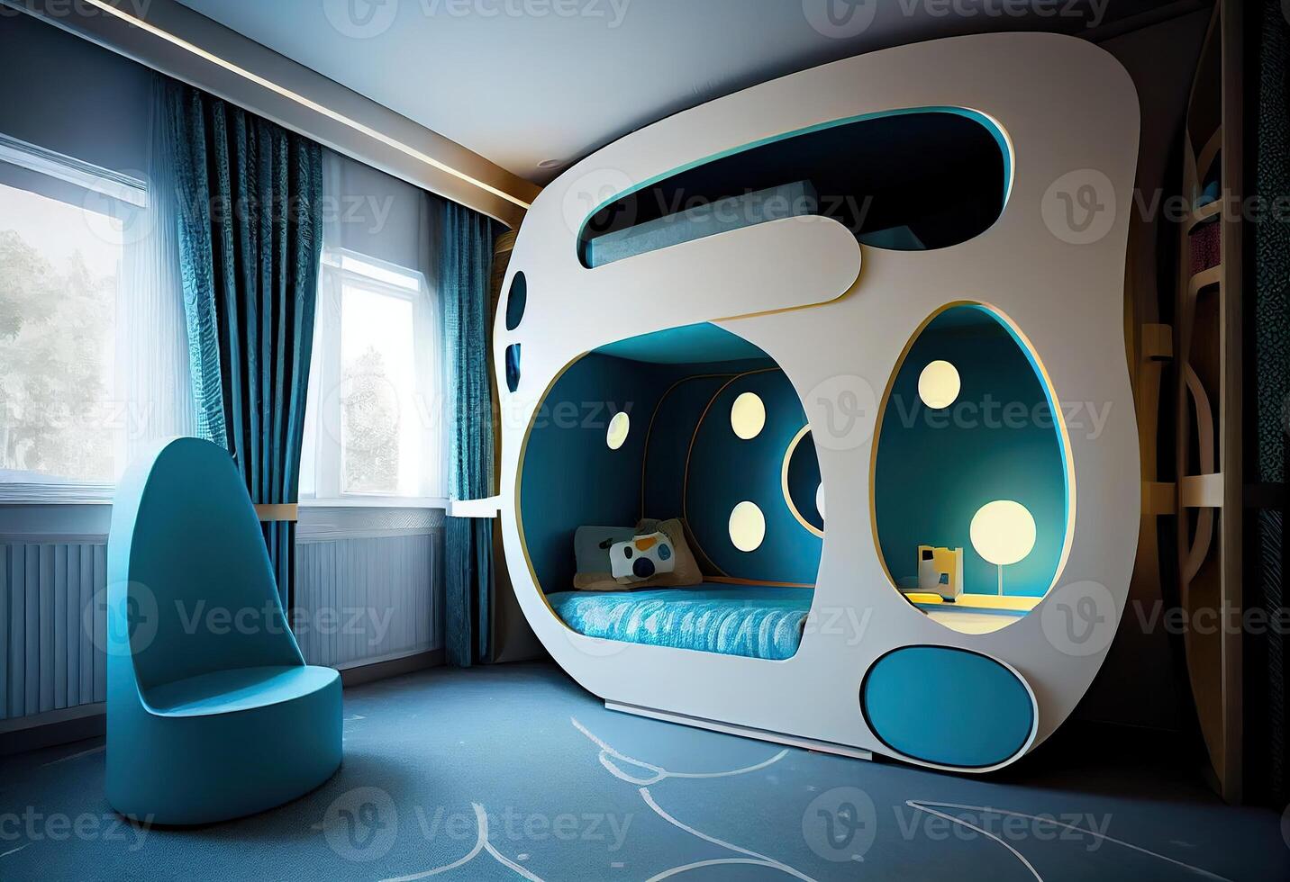 generativ ai Illustration von futuristisch Innere Design, Design ein Schlafzimmer zum zwei Kinder, mit ein Koje Bett. foto