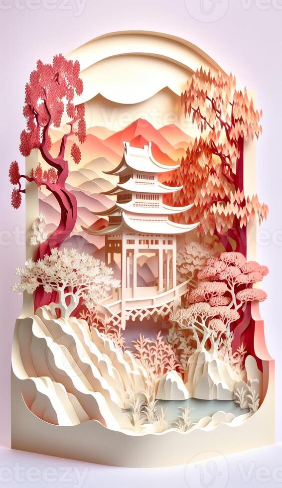 generativ ai Illustration von Chinesisch Natur und Landschaft auf solide Hintergrund, verheißungsvoll Wolken, Schlucht Strom, Berg Bereich, viele Häuser und uralt Gebäude, multi dimensional Papier quilling foto