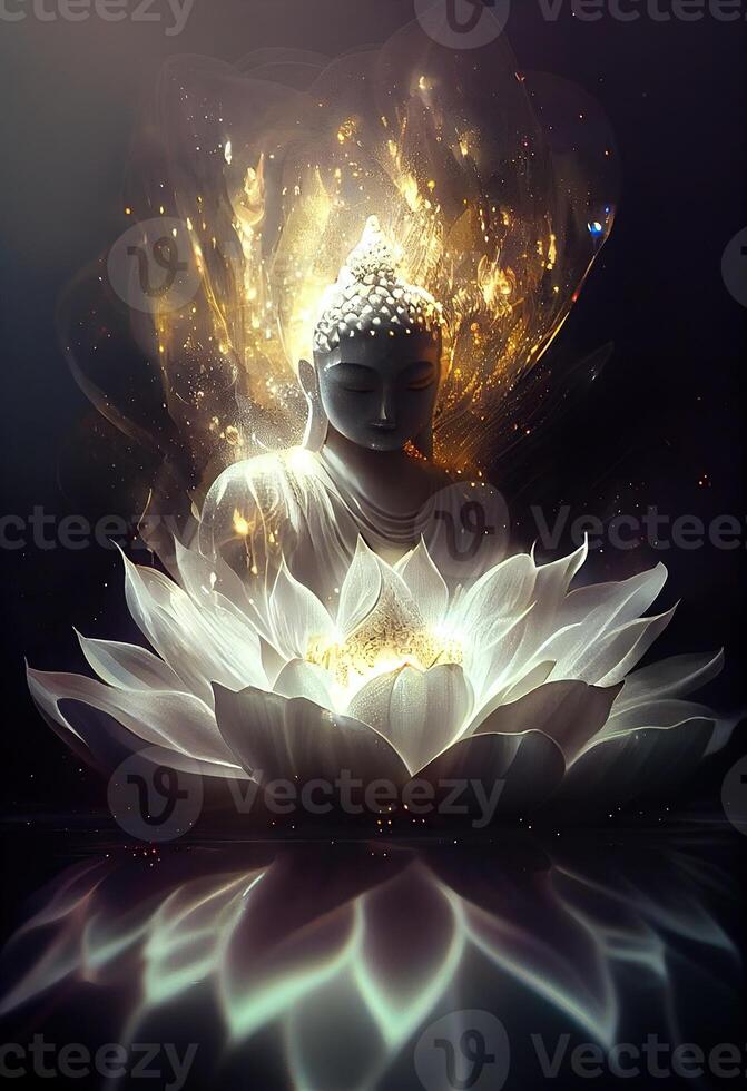 generativ ai Illustration von Buddha, Aura von Energie, surreal Fantasie, Licht blinken, schön Licht Spektrum, hell Weiß Lotus Blume, Verbrennung wolkenartig Blütenblätter, Meerwasser. foto