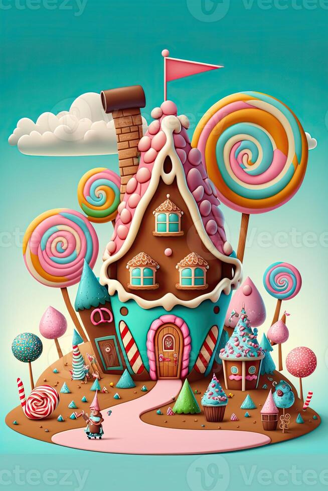 generativ ai Illustration von ein Süss und magisch Welt mit Süßigkeiten Land Landschaft und Lebkuchen Fantasie Haus foto