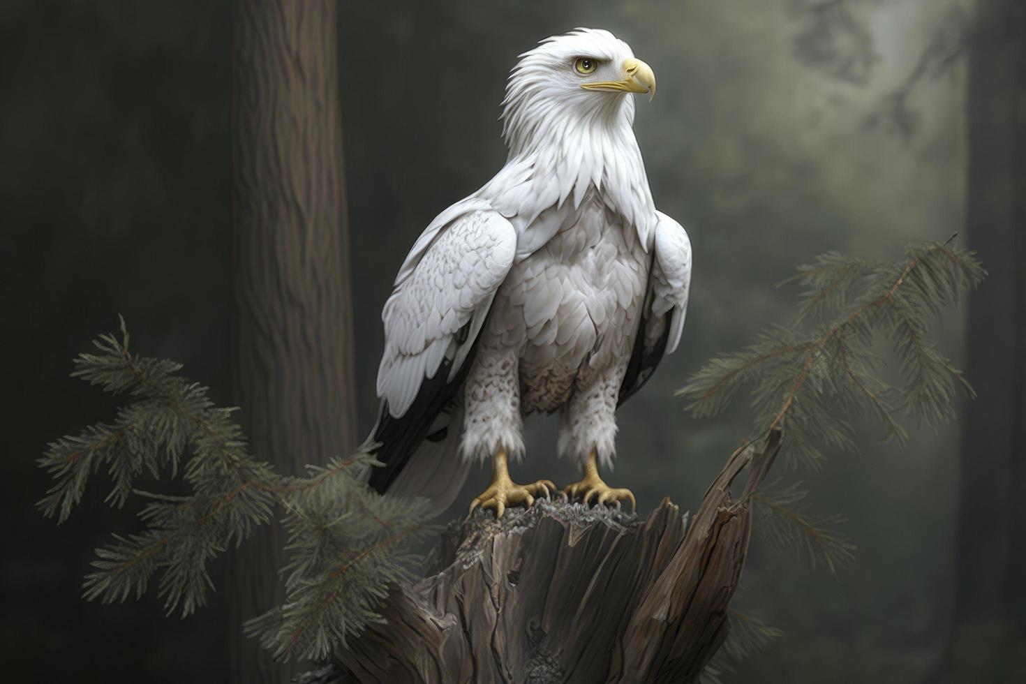 ein Weiß Adler Stehen auf oben von ein Baum, Fotorealismus foto