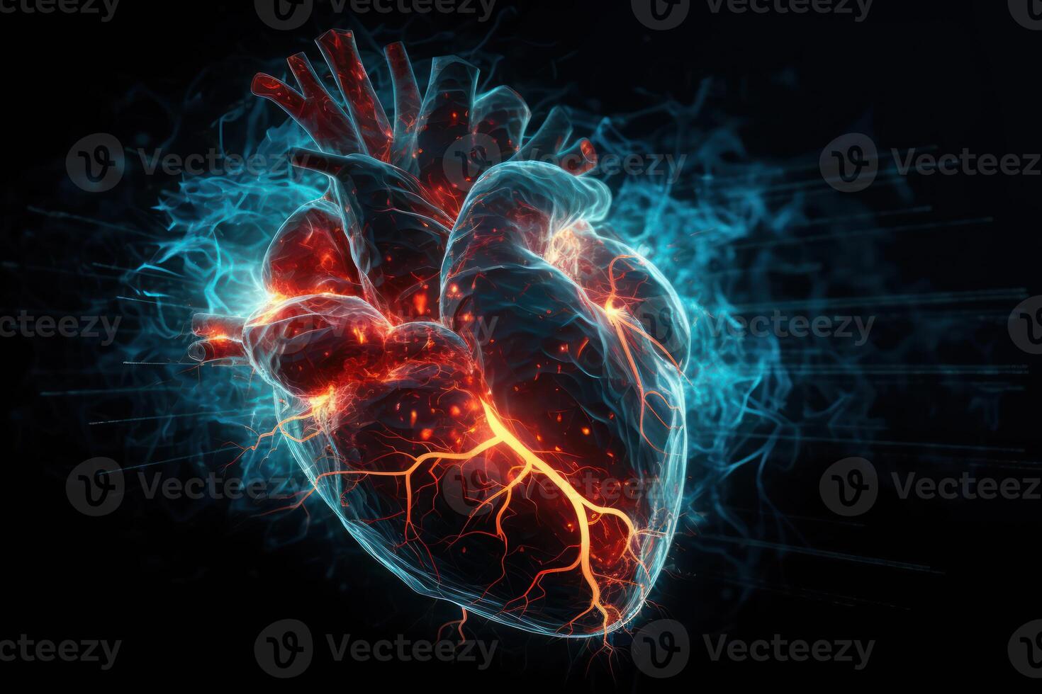 3d Illustration von Mensch Herz verflochten mit Neuronen, abbilden das nervös System, medizinisch Hintergrund, generativ ai. foto