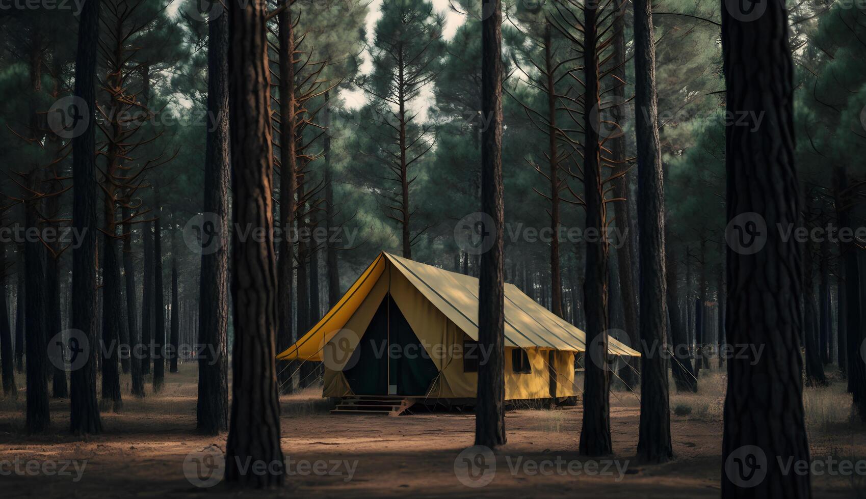 Sommer- Lager im das Kiefer Blick auf den Wald von Camping Zelte unter das Kiefer Bäume ,generativ ai foto