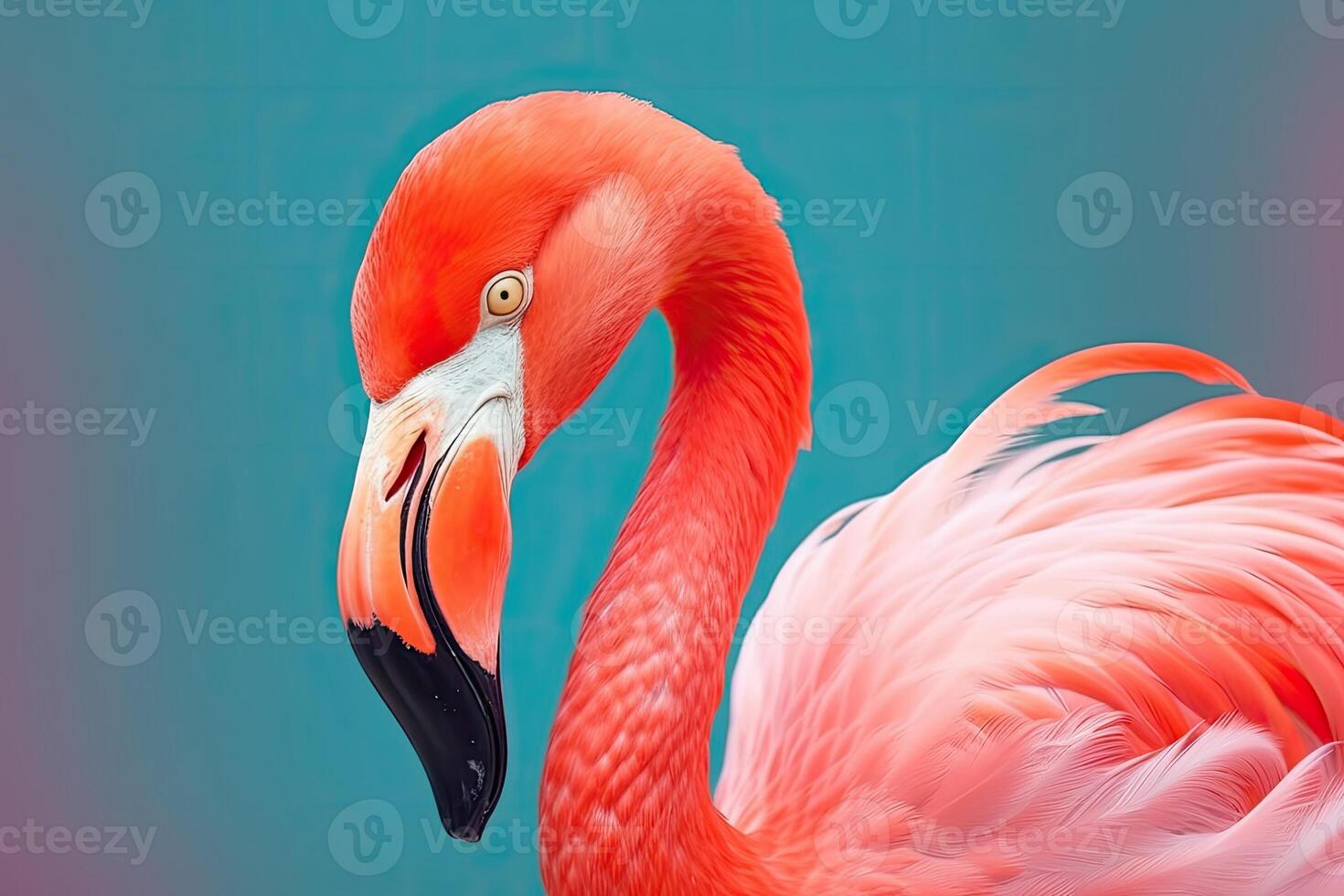 schließen oben Porträt von Flamingo Vogel auf Pastell- farbig Hintergrund. generativ ai foto