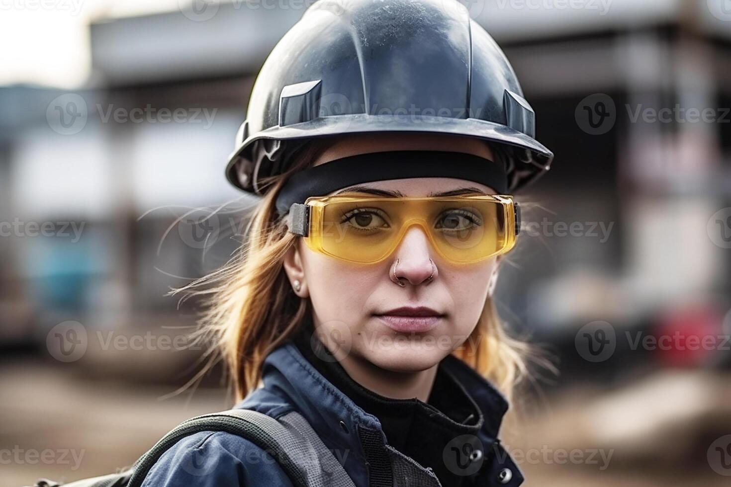 Porträt von ein weiblich Ingenieur tragen ein Konstruktion Helm beim ein Konstruktion Seite? ˅. generativ ai foto