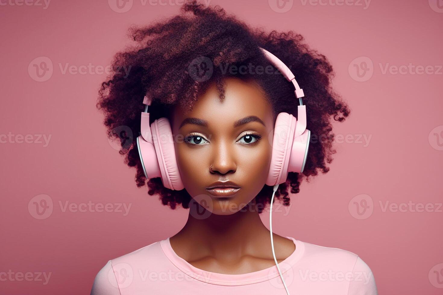 dunkelhäutig afrikanisch Mädchen mit schwarz lockig Haar, tragen Rosa Kopfhörer auf ein Rosa Hintergrund. Studio Porträt. generativ ai foto