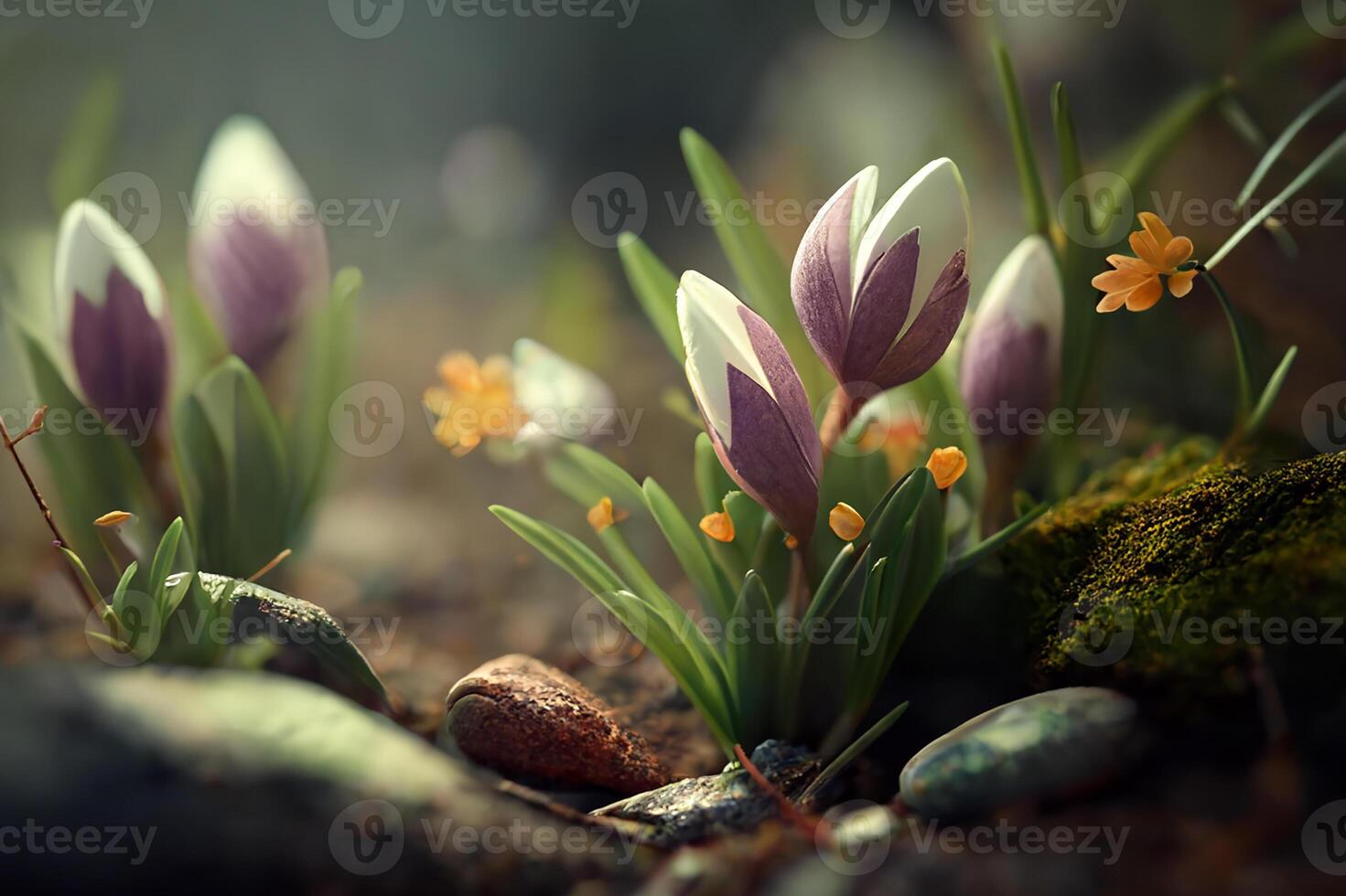 Frühling, Schneeglöckchen Blume lila und Weiß. generativ ai foto