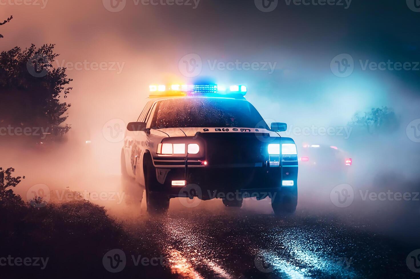 Polizei Beleuchtung und ein Polizei Auto auf das Straße. generativ ai  22935249 Stock-Photo bei Vecteezy