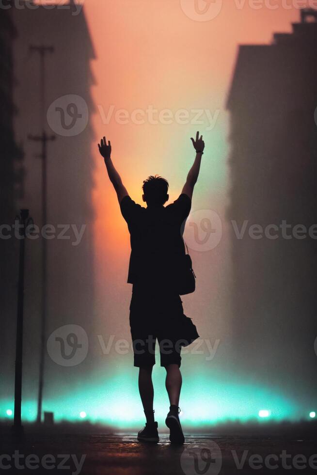 ein Mann Stehen im das Regen mit seine Hände hoch, filmisch Bild, Poster. generativ ai foto